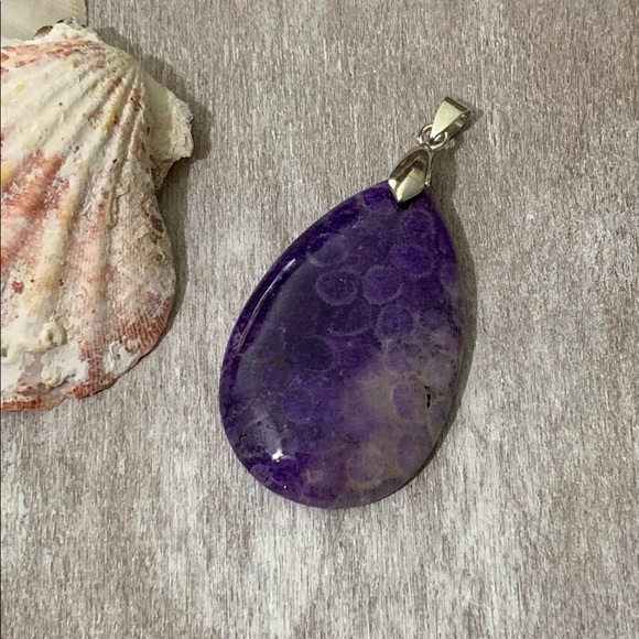 Purple Chrysanthemum Coral Fossil Teardrop Pendant Necklace – One of a Kind - Picture 10 of 10